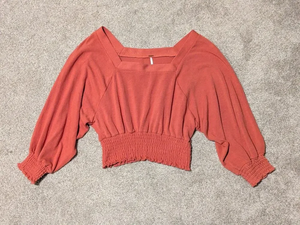 Free People Smocked Waist Orange Blouse Womens size small